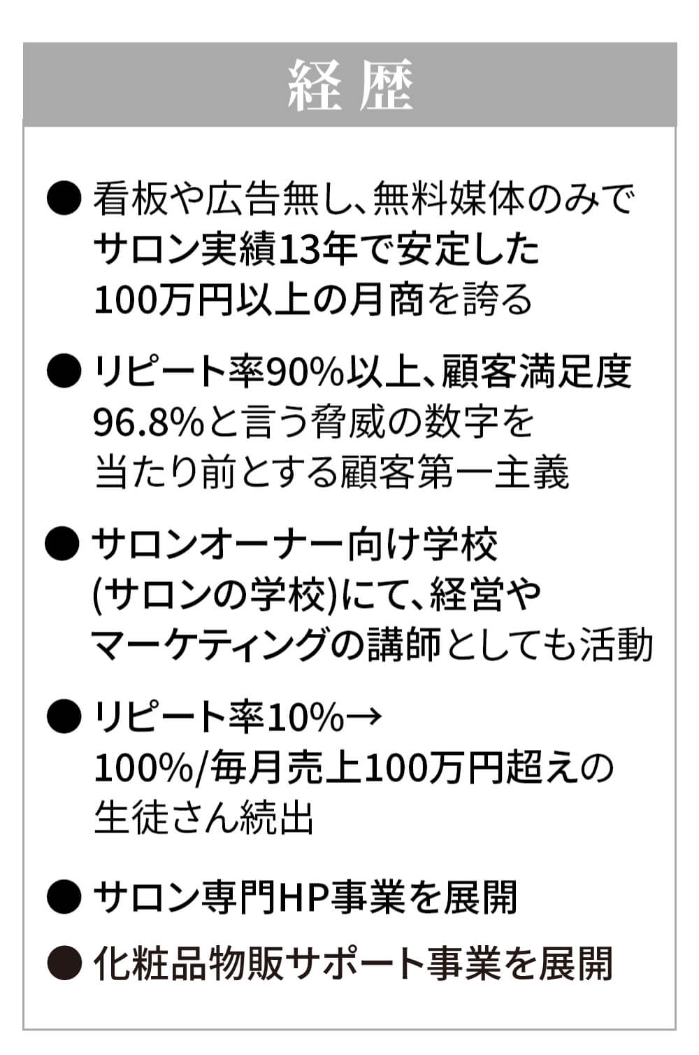 経歴ー●看板や広告無し、無料媒体のみでサロン実績13年で安定した100万円以上の月商を誇る ●リピート率90%以上、顧客満足度96.8%という驚異の数字を当たり前とする顧客第一主義 ●サロンオーナー向け学校（サロンの学校）にて、経営やマーケティングの講師としても活動 ●リピート率10%→100％/毎月売上100万円越えの生徒さん続出 ●サロン専門HP事業を展開 ●化粧品物販サポート事業を展開 
